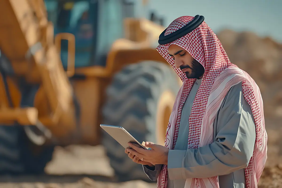مهندس يتابع بيانات المشروع على جهاز لوحي في الموقع